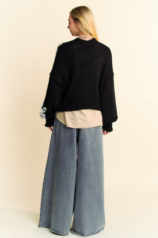 Davi & Dani Black Floral Applique Open Front Dropped Shoulder Cardigan