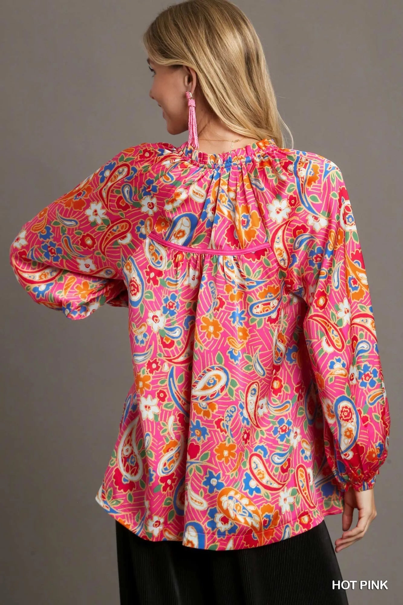 Umgee Hot Pink Satin Paisley FloralRuffle Neck Button-Up Blouse