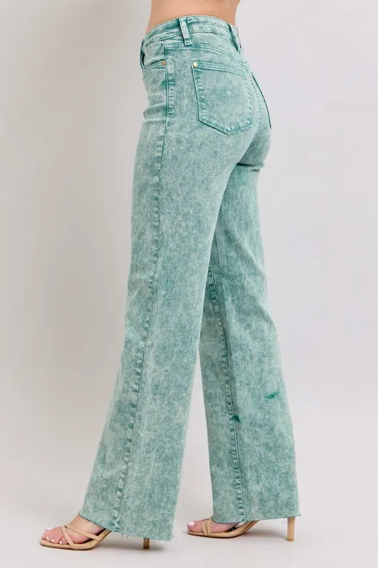 Judy Blue Sea Green High Waist Garment Dyed Raw Hem Dad Jeans