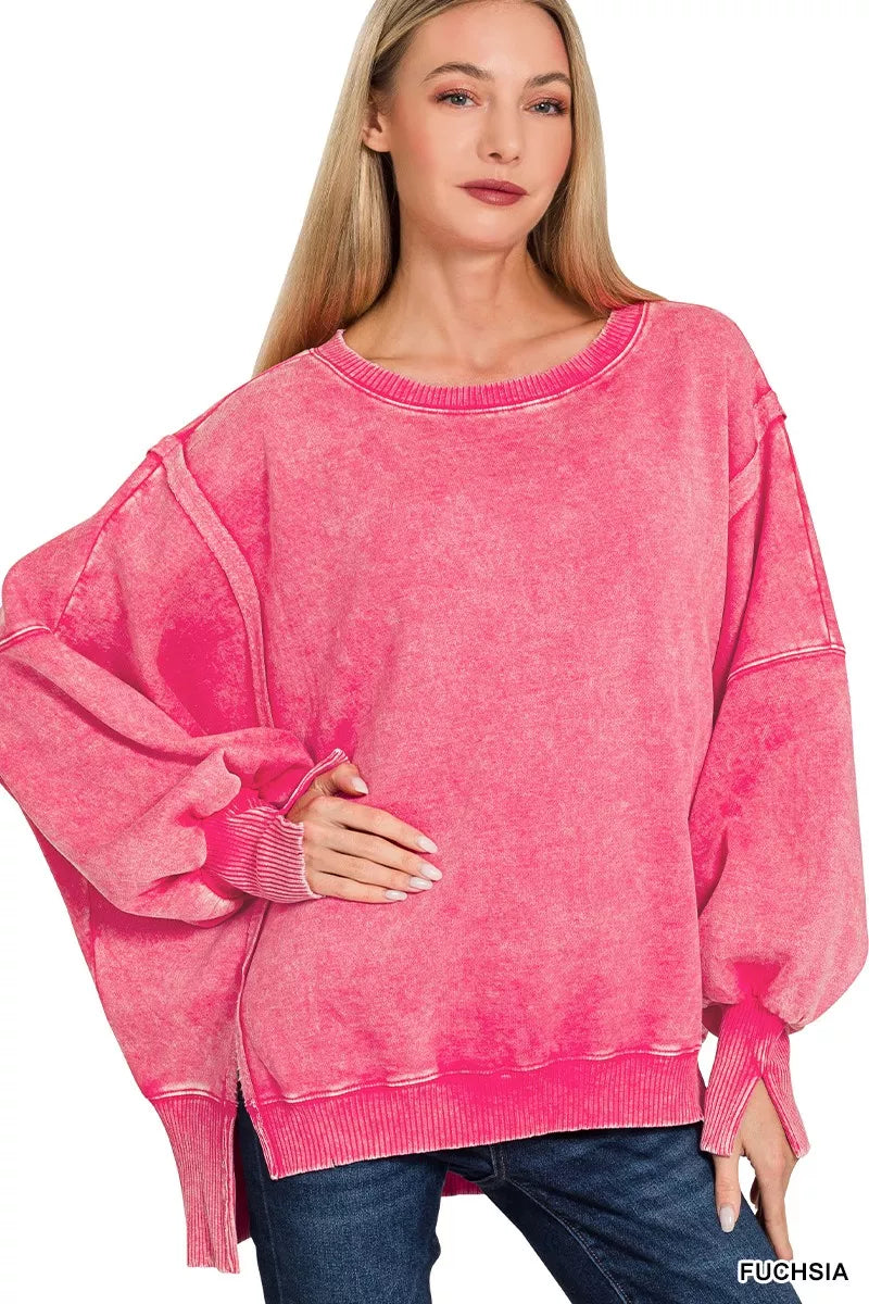 Zenana Fuchsia Acid Washed Batwing Sleeve Fleece Sweatshirt FUCHSIA