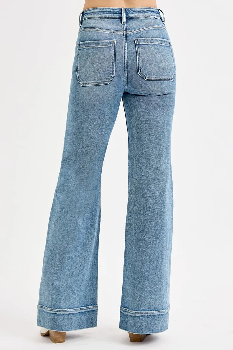 RISEN Medium Washed High Rise Wide Flare Patch Pocket Jeans