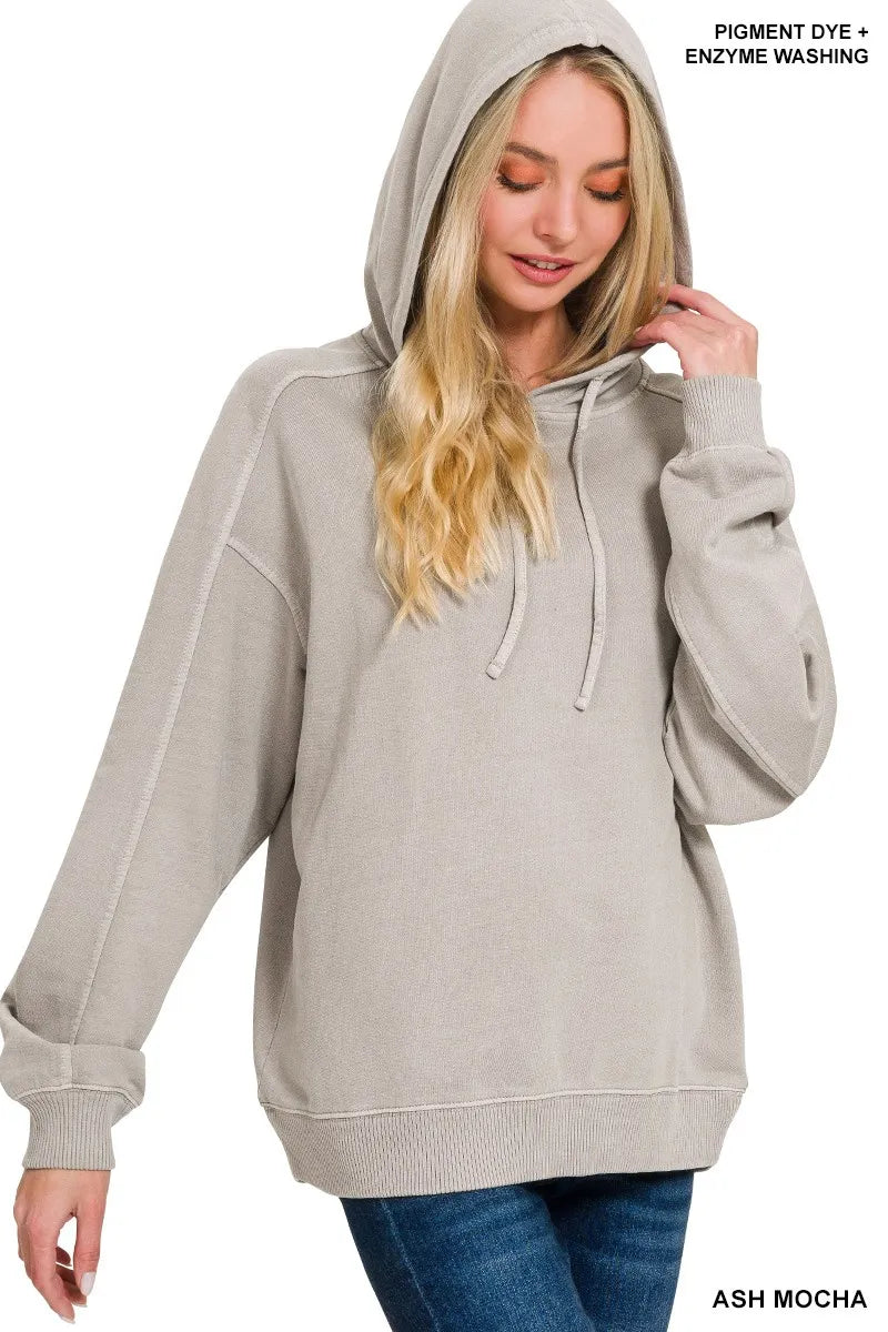 Zenana Ash Mocha French Terry Pigment Dye & Enzyme Washing Hoodie