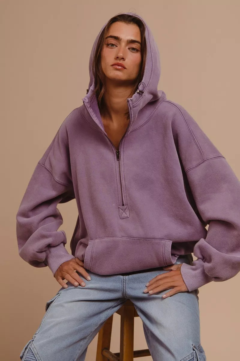 BiBi Periwinkle Stitch Detailed Elastic Hem Half Zip Fleece Hoodie