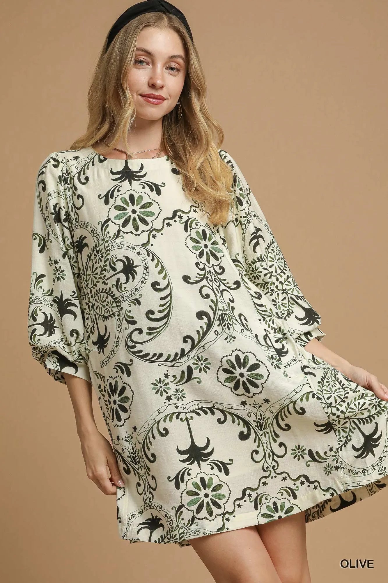 Umgee Olive Boho Printed Balloon Sleeve Mini Dress Olive
