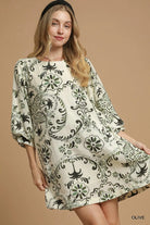 Umgee Olive Boho Printed Balloon Sleeve Mini Dress Olive