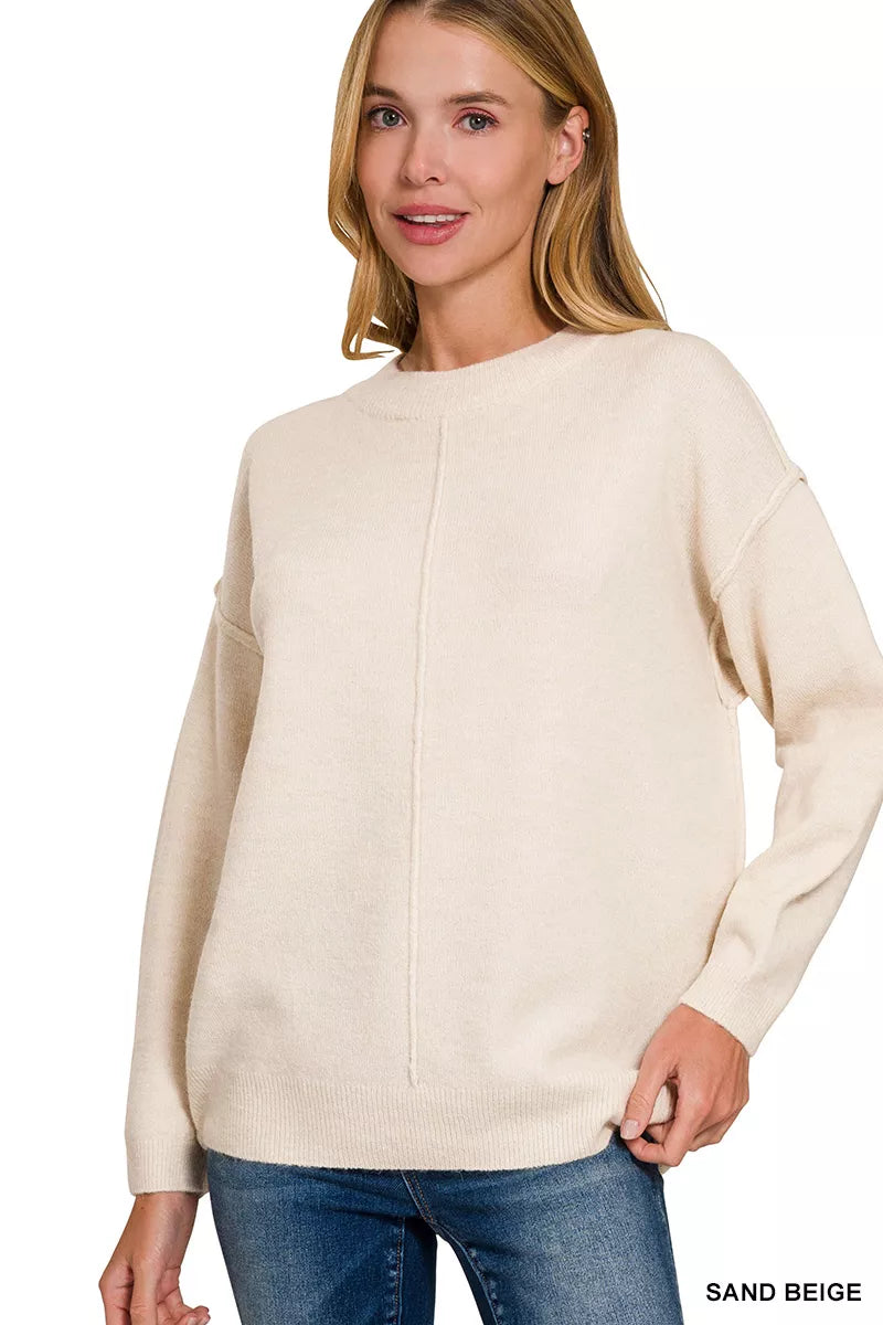 Zenana Sand Beige Melange Front Seam Round-Neck Sweater SAND BEIGE