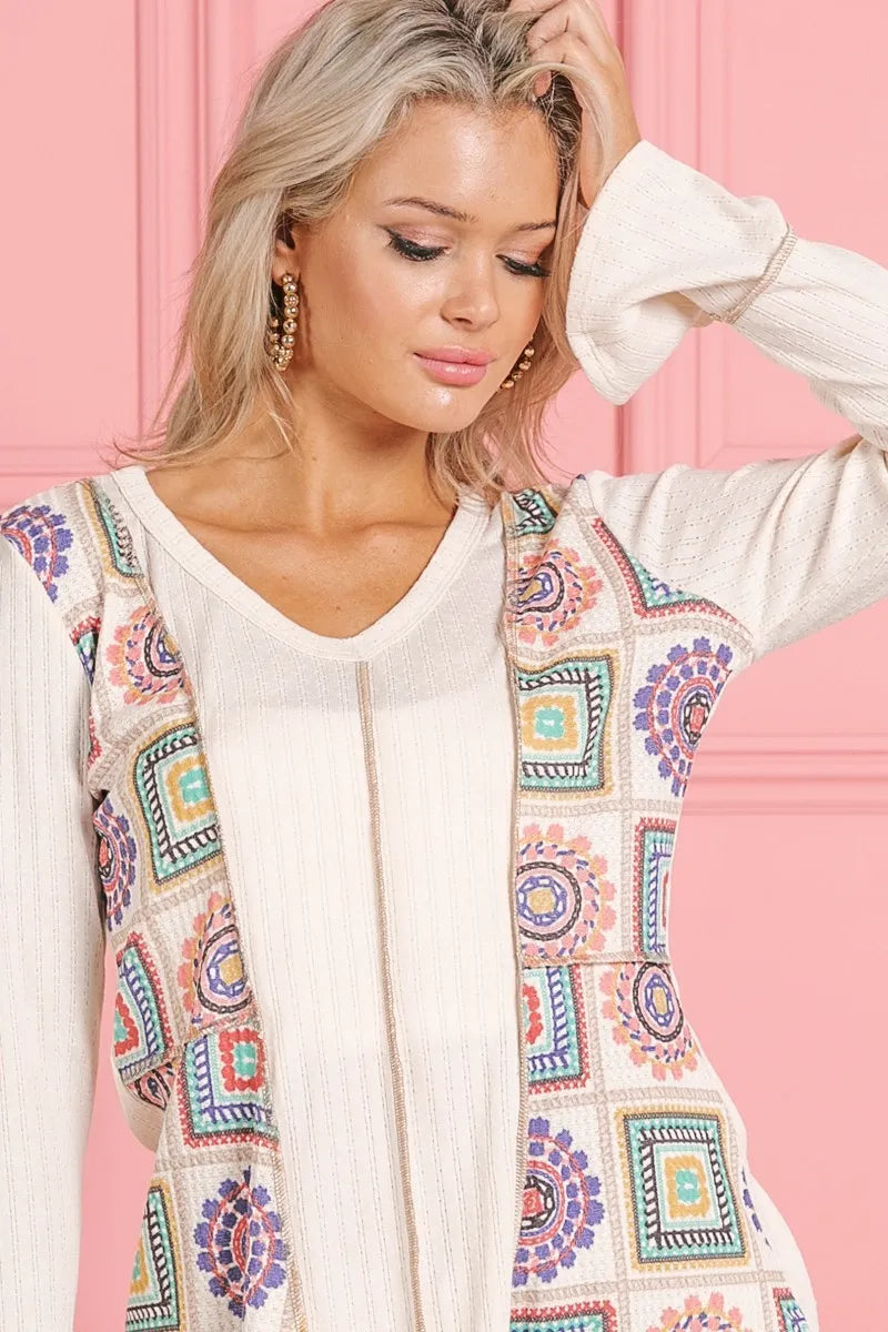 BiBi Cream Granny Square Print Contrast Annie Rib V Neck Top