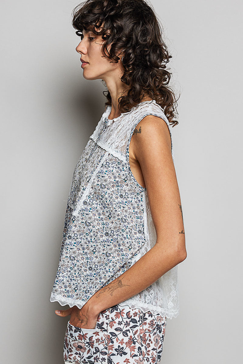 POL Off White Printed Woven Lace Back Round Neck Sleeveless Top