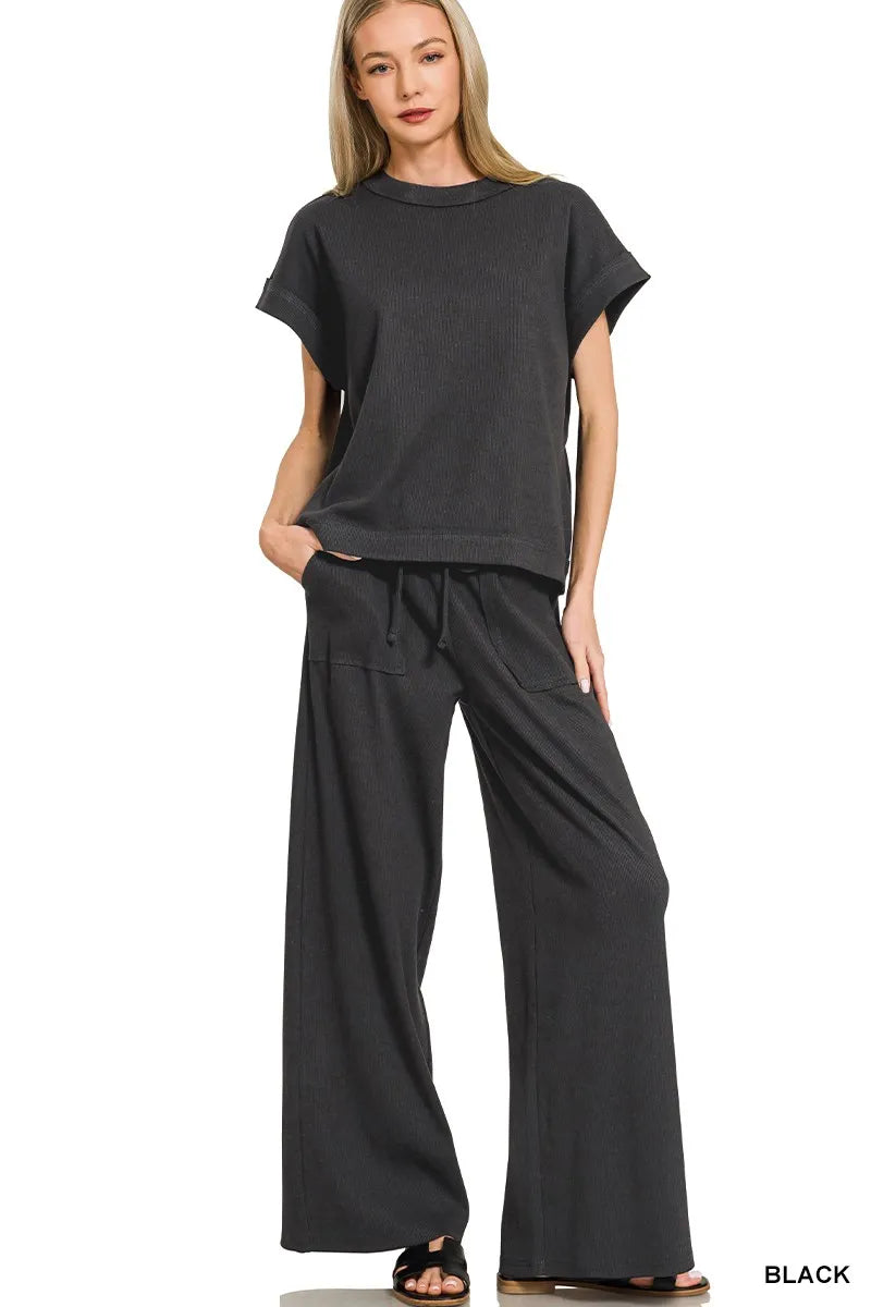 Zenana Black Ribbed Short Sleeve Tee and Pants Set BLACK