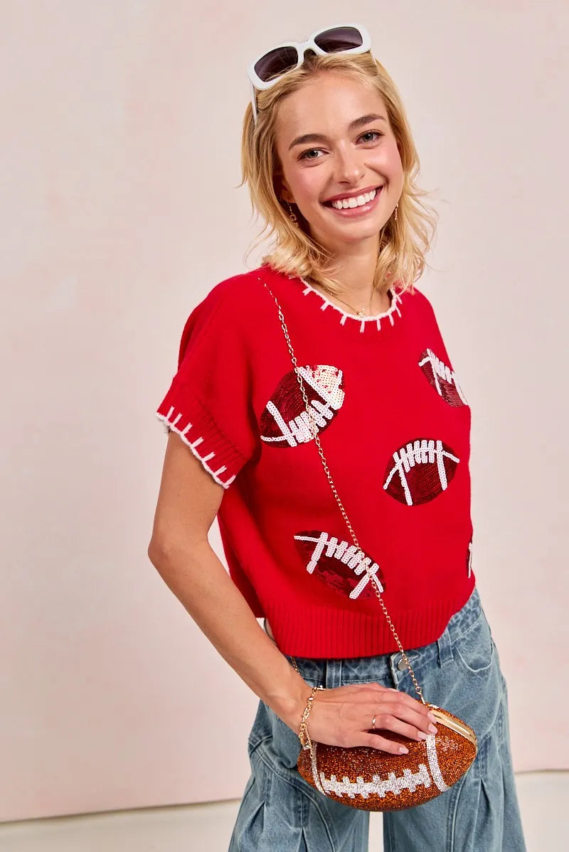 BiBi Red Game Day Sequin Football Embroidered Stitch Sweater