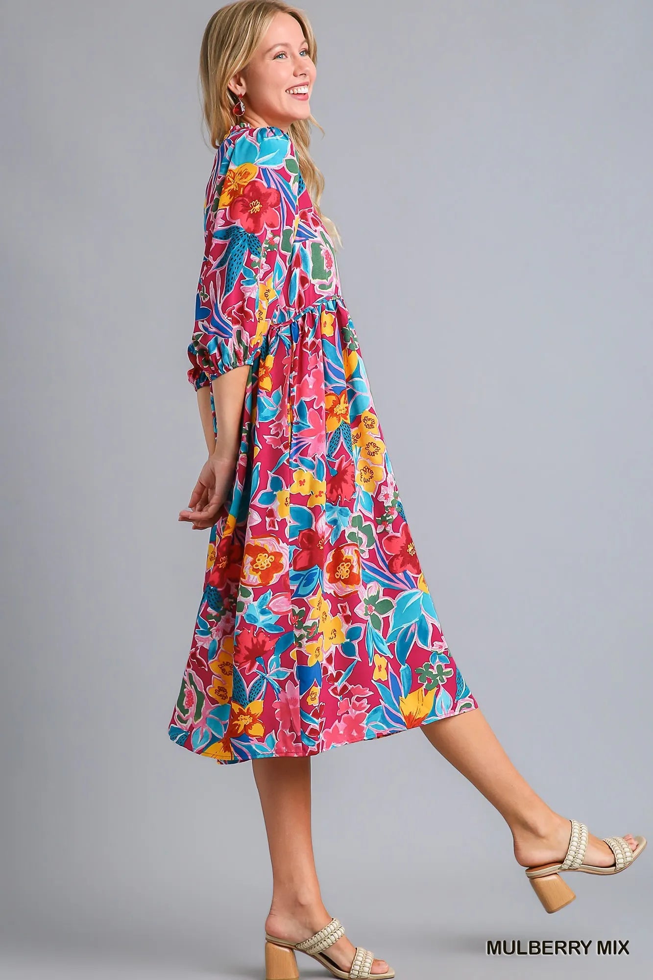 Umgee Mulberry Mix Floral Print Tie Neck Midi Dress with Pockets