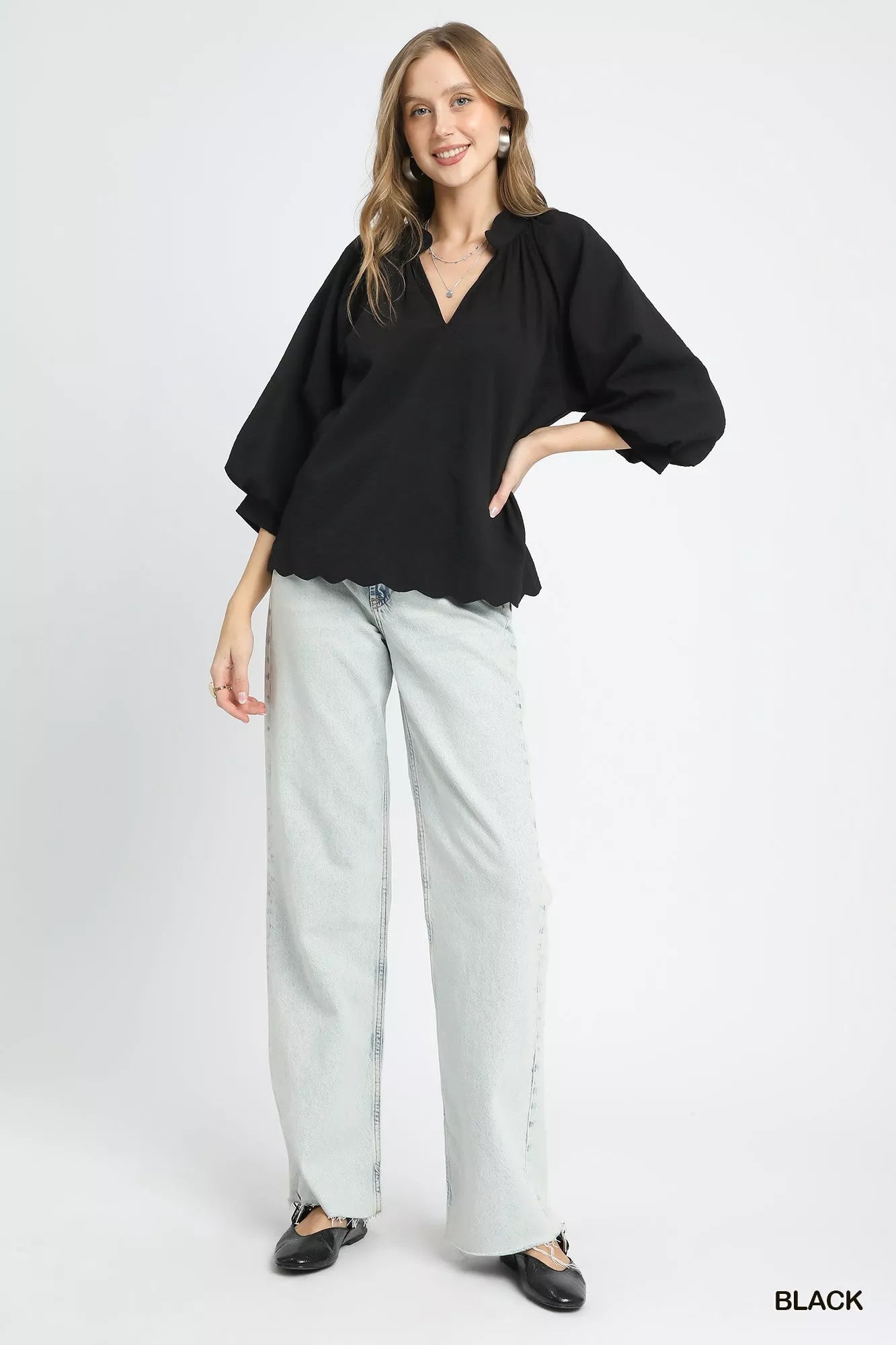 Umgee Black Textured Notched Scallop Hem Balloon Sleeve Blouse