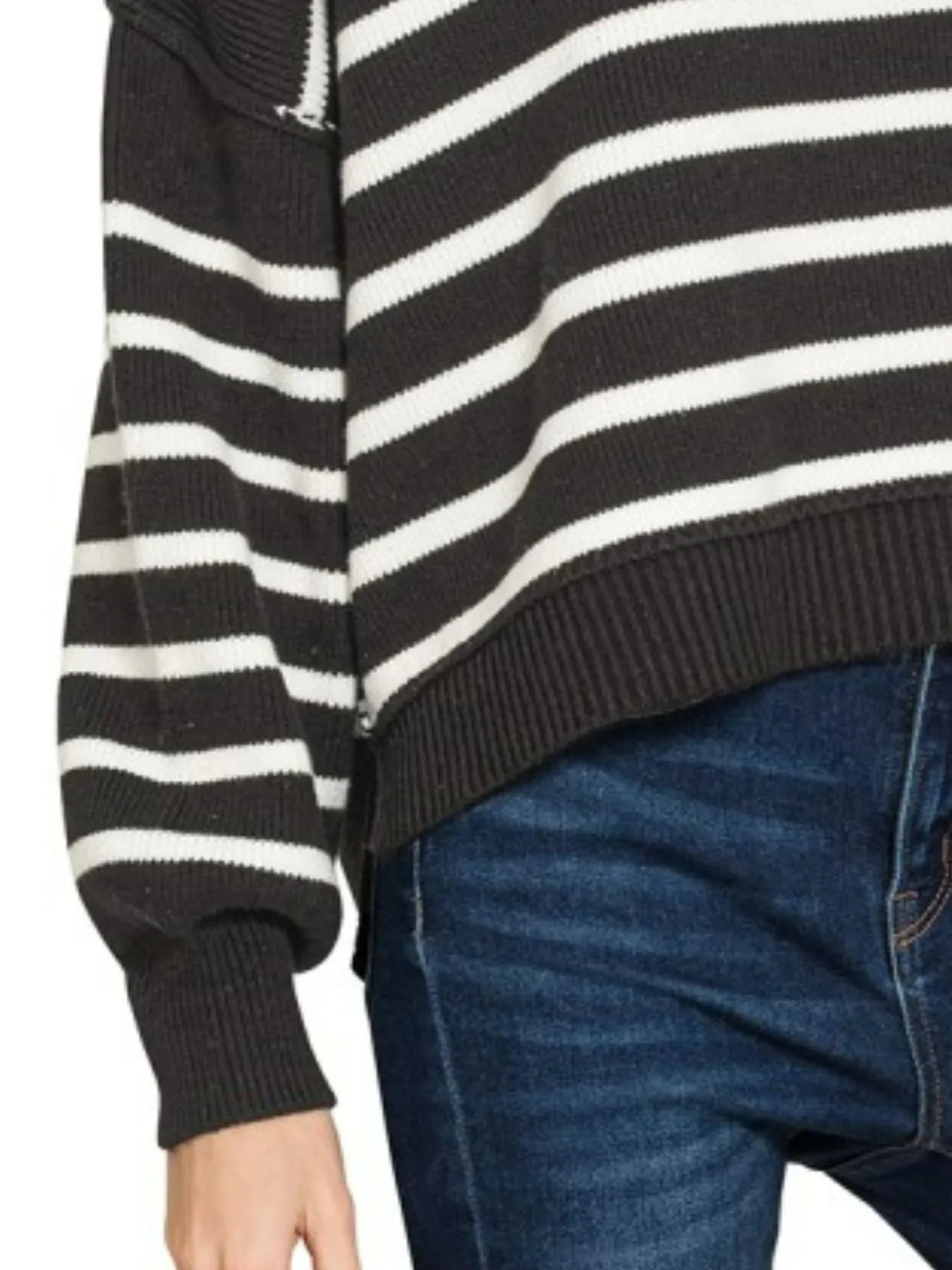 Zenana Black Exposed Seam Striped Oversized Sweater