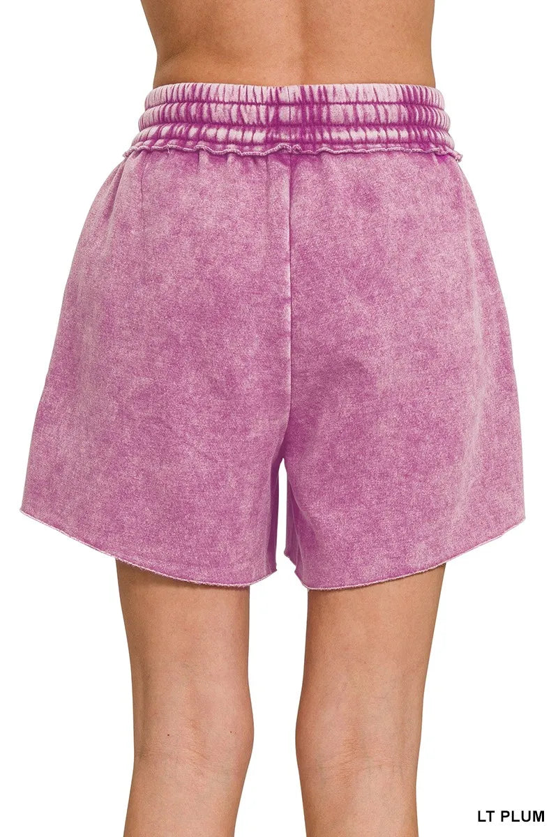 Zenana Light Plum Acid Wash Fleece Drawstring Shorts With Pockets