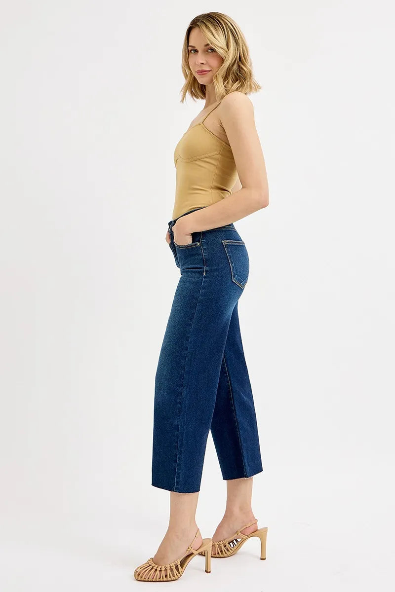 RISEN Dark Washed Tummy Control High Rise Raw Hem Cropped Wide Leg Jeans
