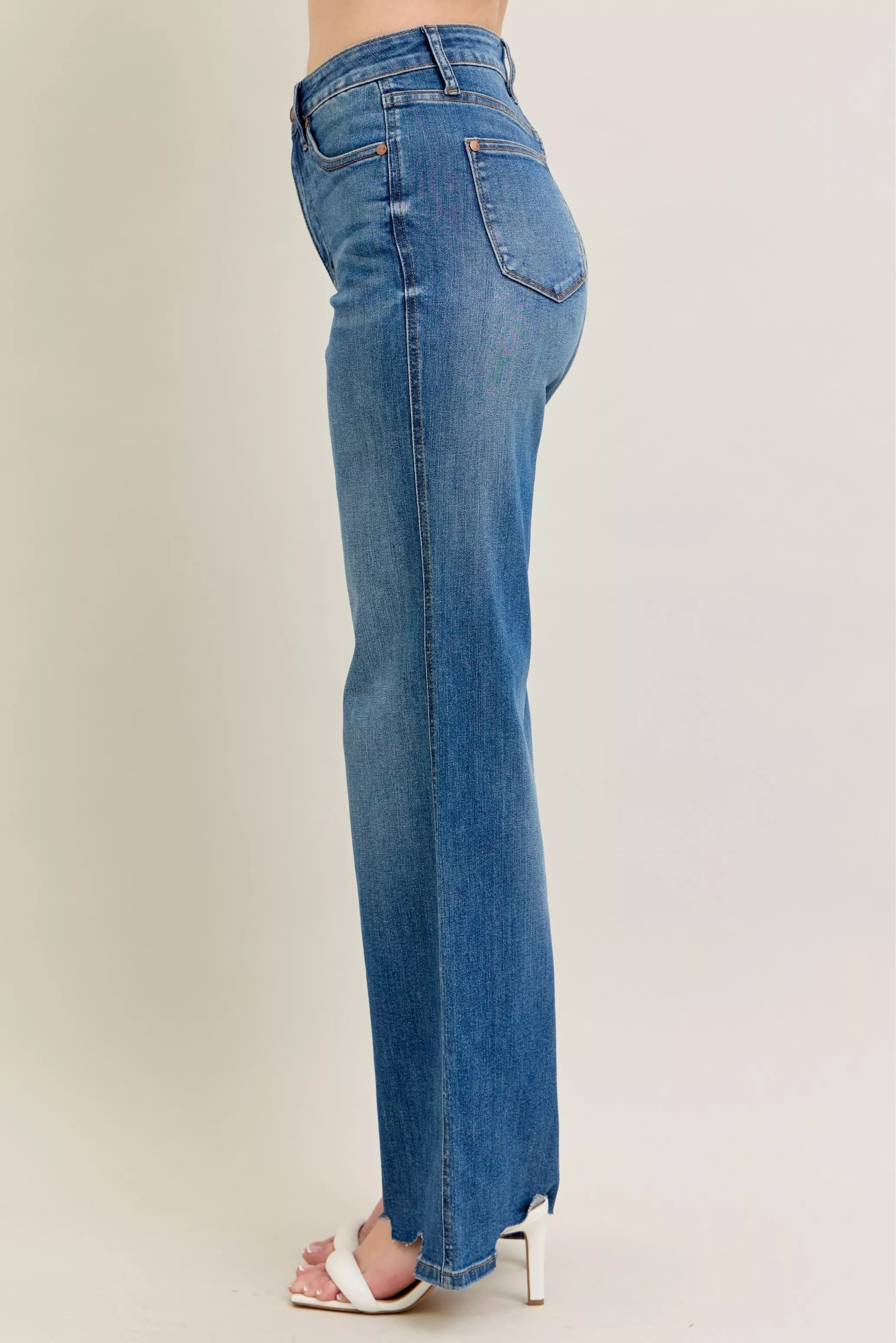 Judy Blue Medium Washed High Waist Tummy Control Chew Hem Destroyed Wide Jeans