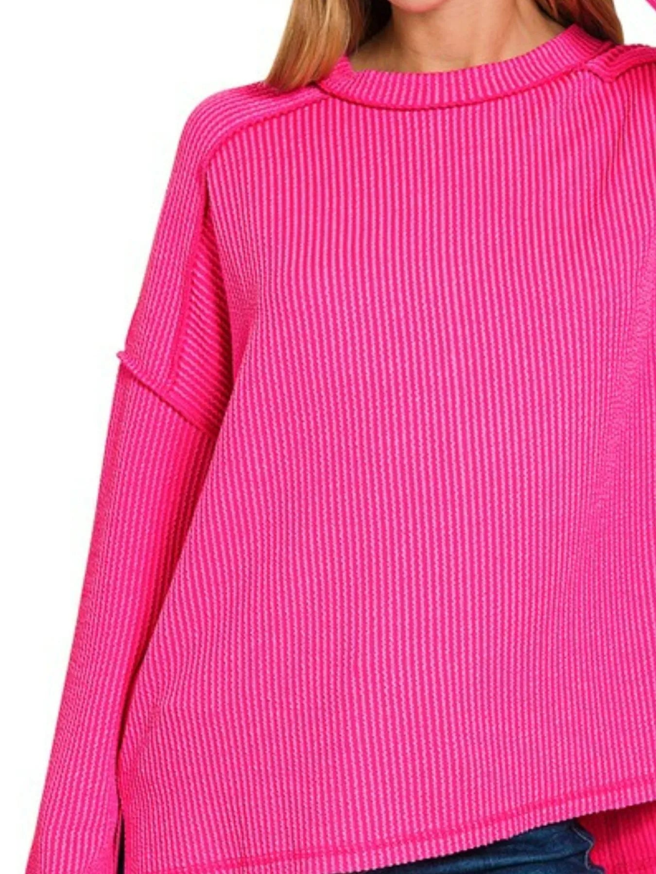 Zenana Hot Pink Exposed Seam Long Sleeve Corded Rib Knit Top