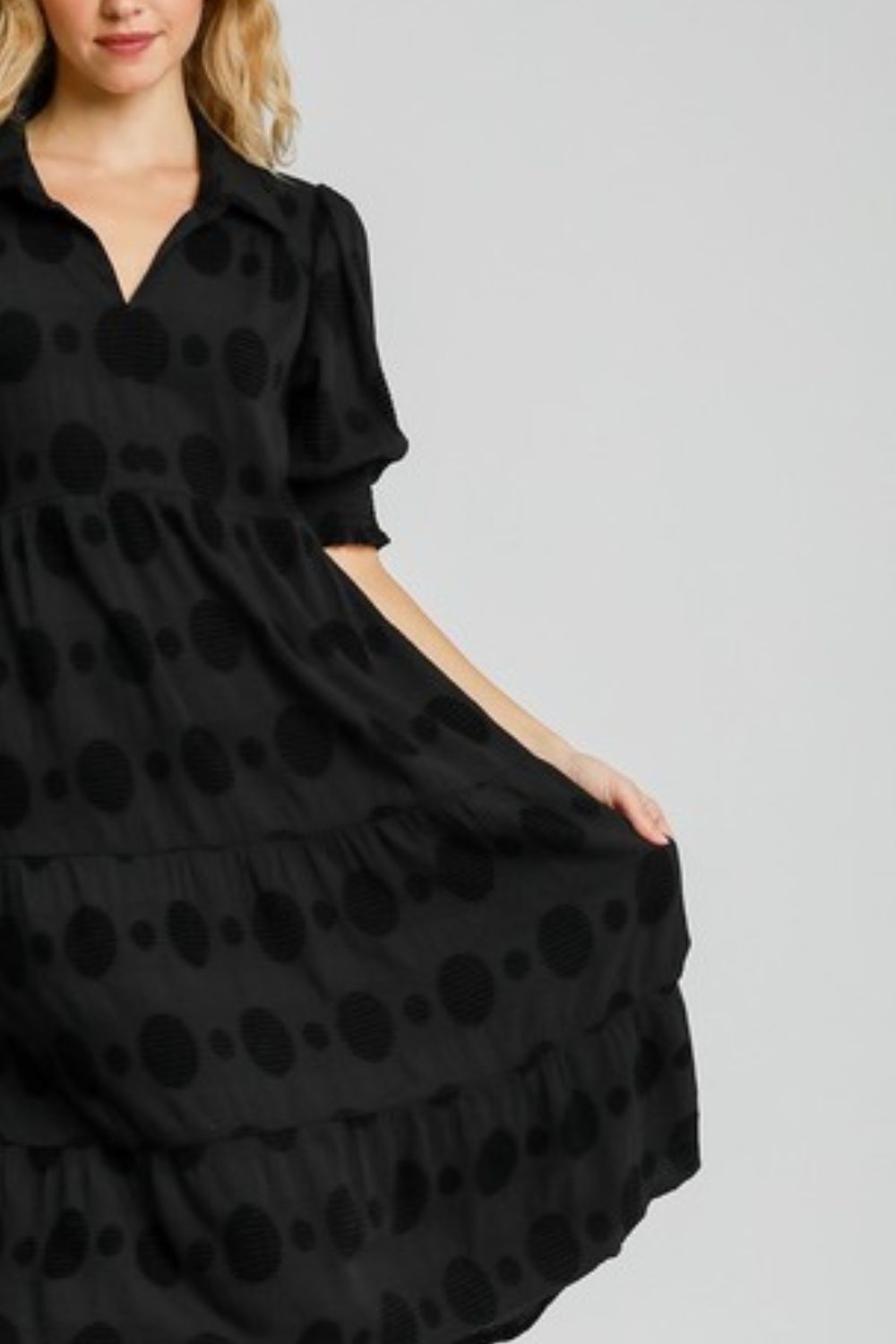 Umgee Black Swiss Dot Short Sleeve Jacquard Tiered Midi Dress
