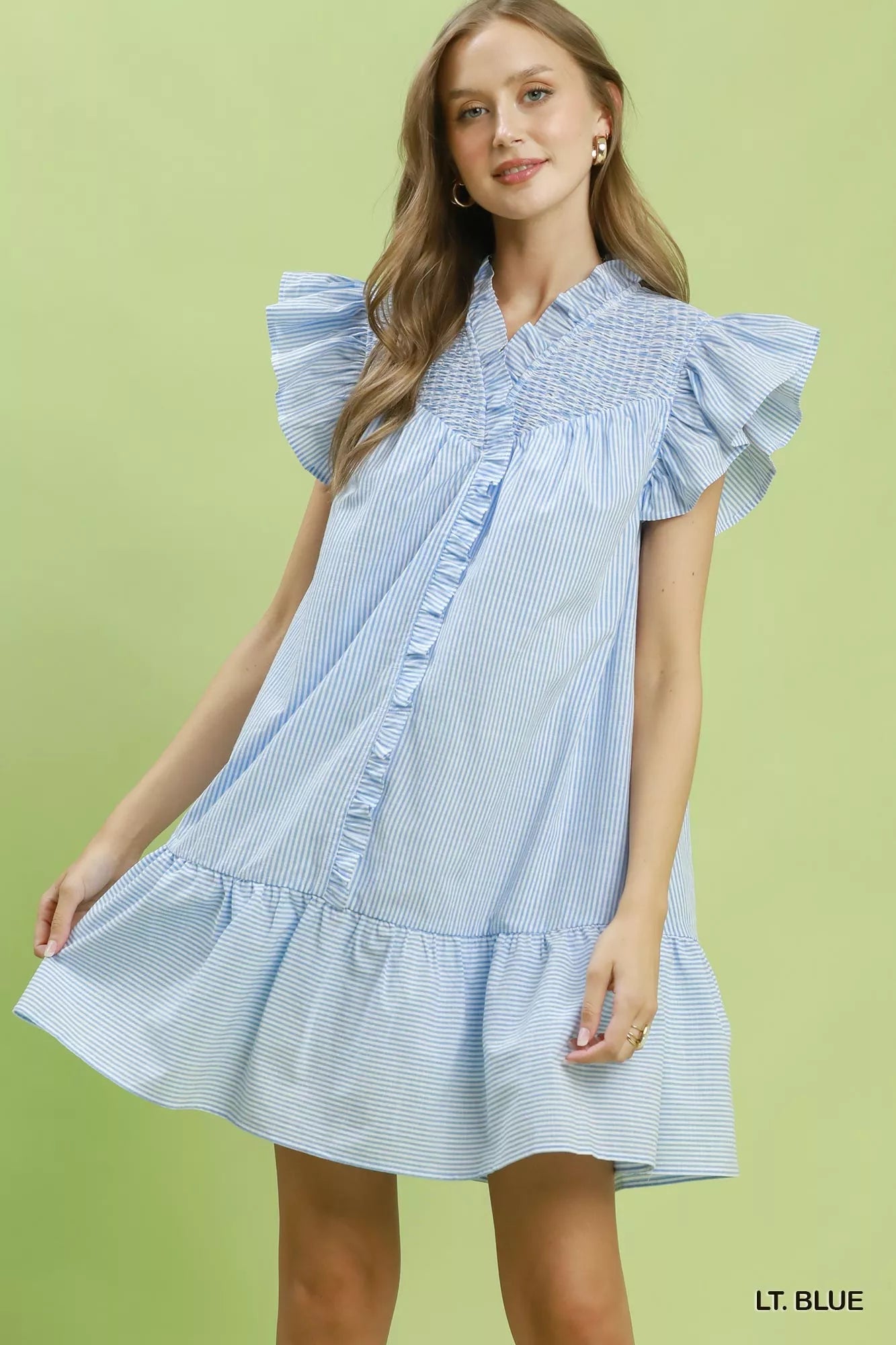 Umgee Stripe Smocked Yoke Ruffle Dress LT. BLUE