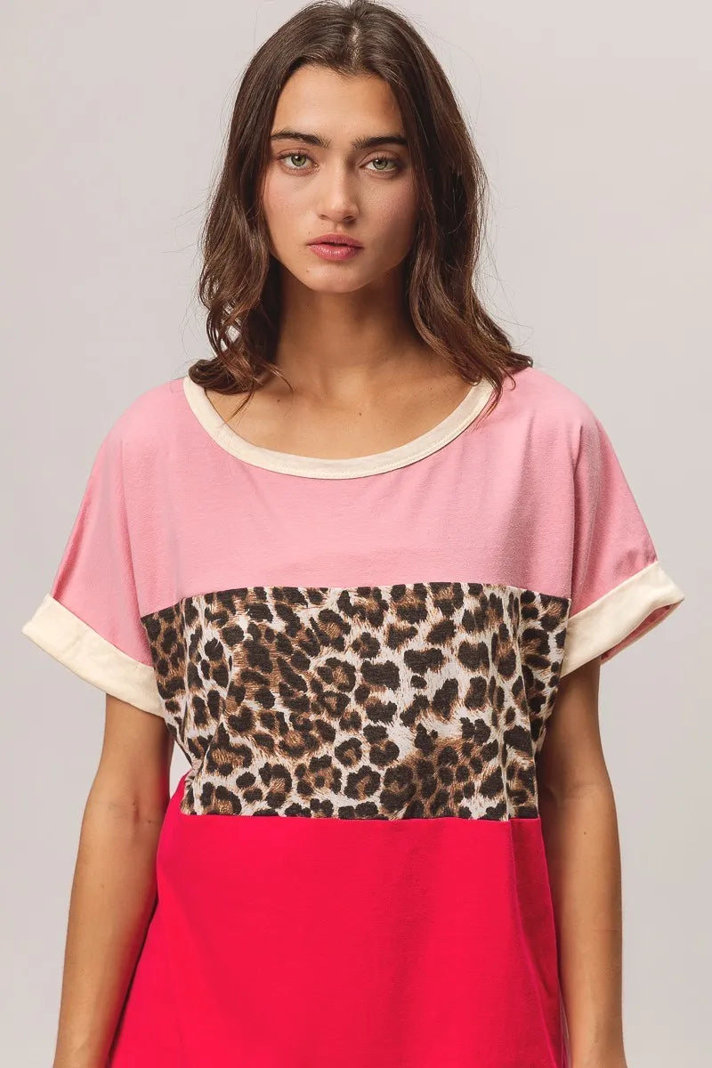 BiBi Pink and Fuchsia Leopard Printed Jersey Color Block Roll Up