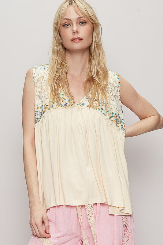 POL Lace Detail Frill Floral V-Neck Sleeveless Top in Cream