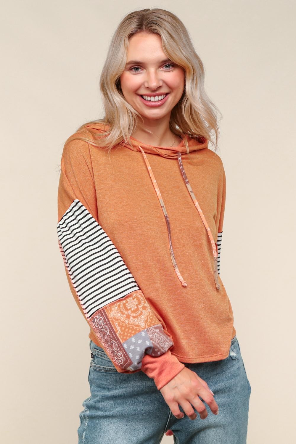 Haptics Rust French Terry Stripe & Printed Patchwork High Low Hoodie