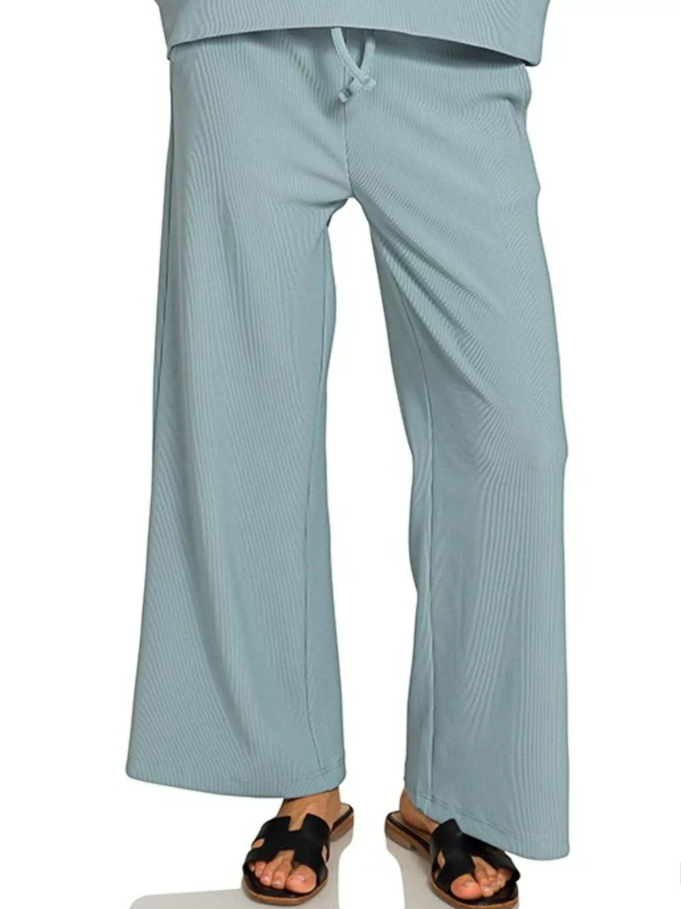 Zenana Blue Gray Ribbed Round Neck Pullover and Drawstring Pants Set