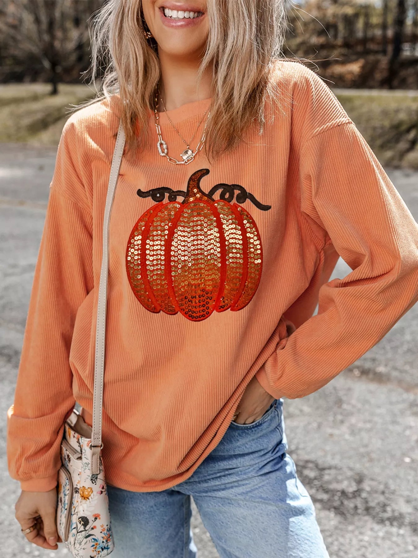 Preorder: Tangerine Halloween Sequined Pumpkin Ribbed Round Neck Sweatshirt