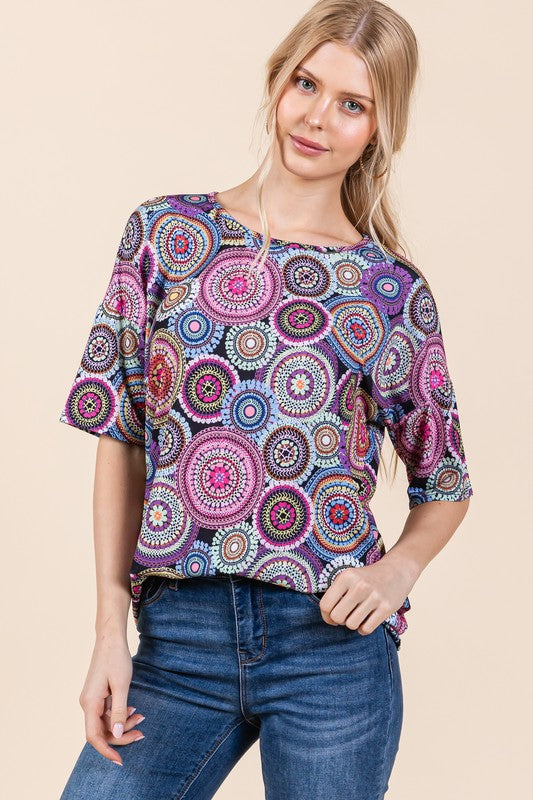 BOMBOM Mauve Multi Printed Round Neck Half Sleeve Top