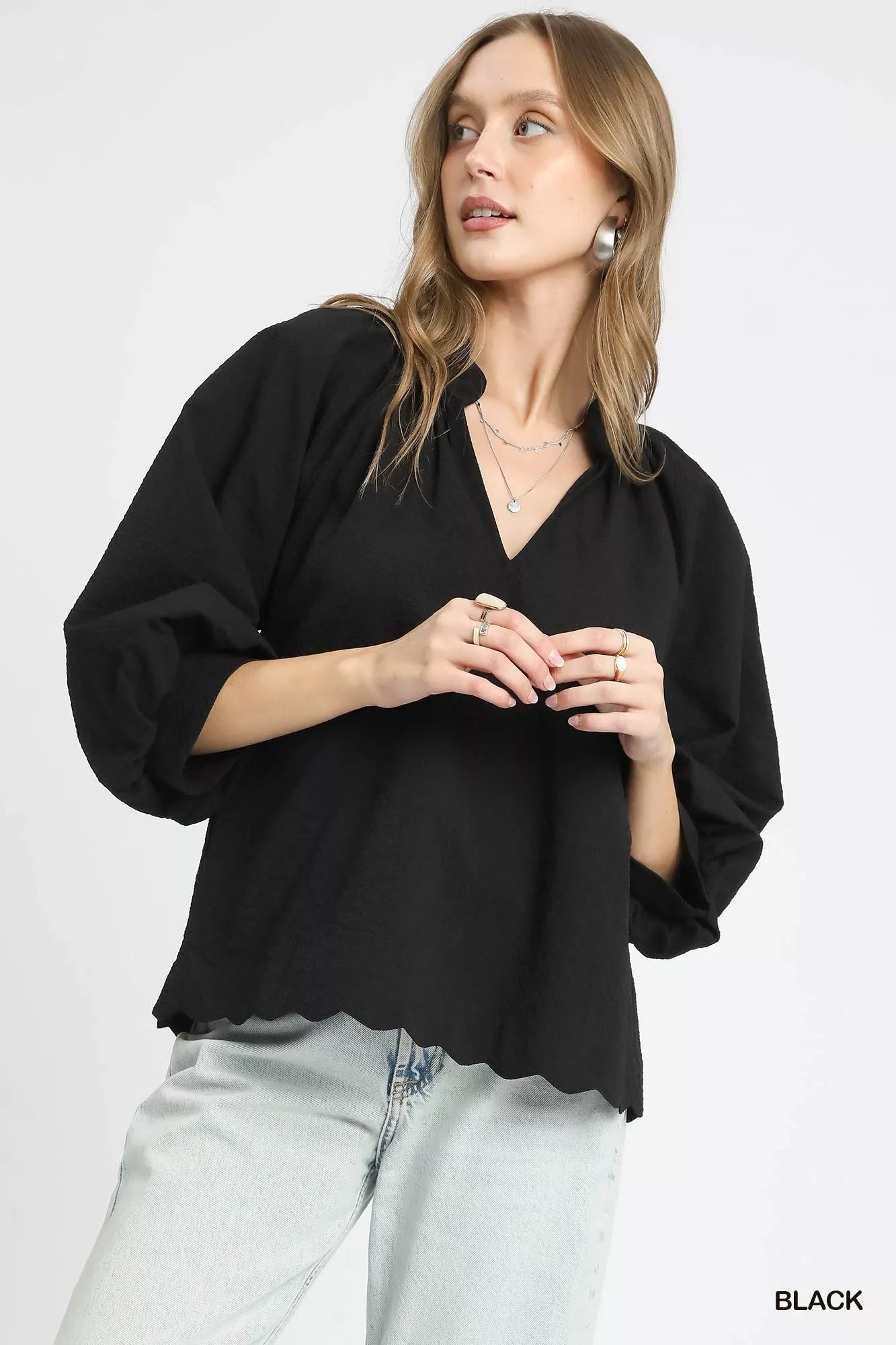 Umgee Black Textured Notched Scallop Hem Balloon Sleeve Blouse Black