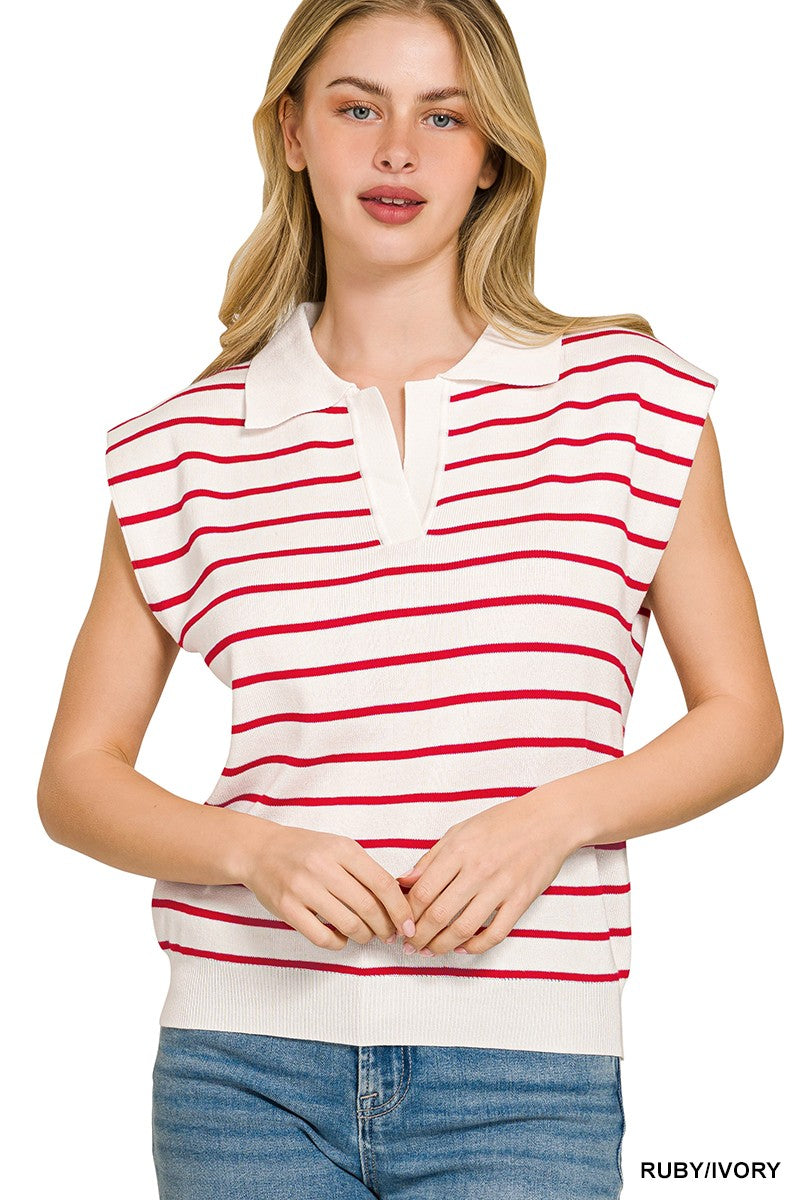 Zenana Viscose Striped Collared Sweater Vest