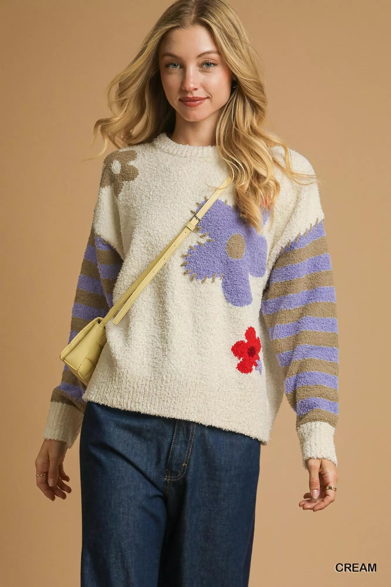 Umgee Cream Flower Jacquard Striped Long Sleeve Sweater Cream