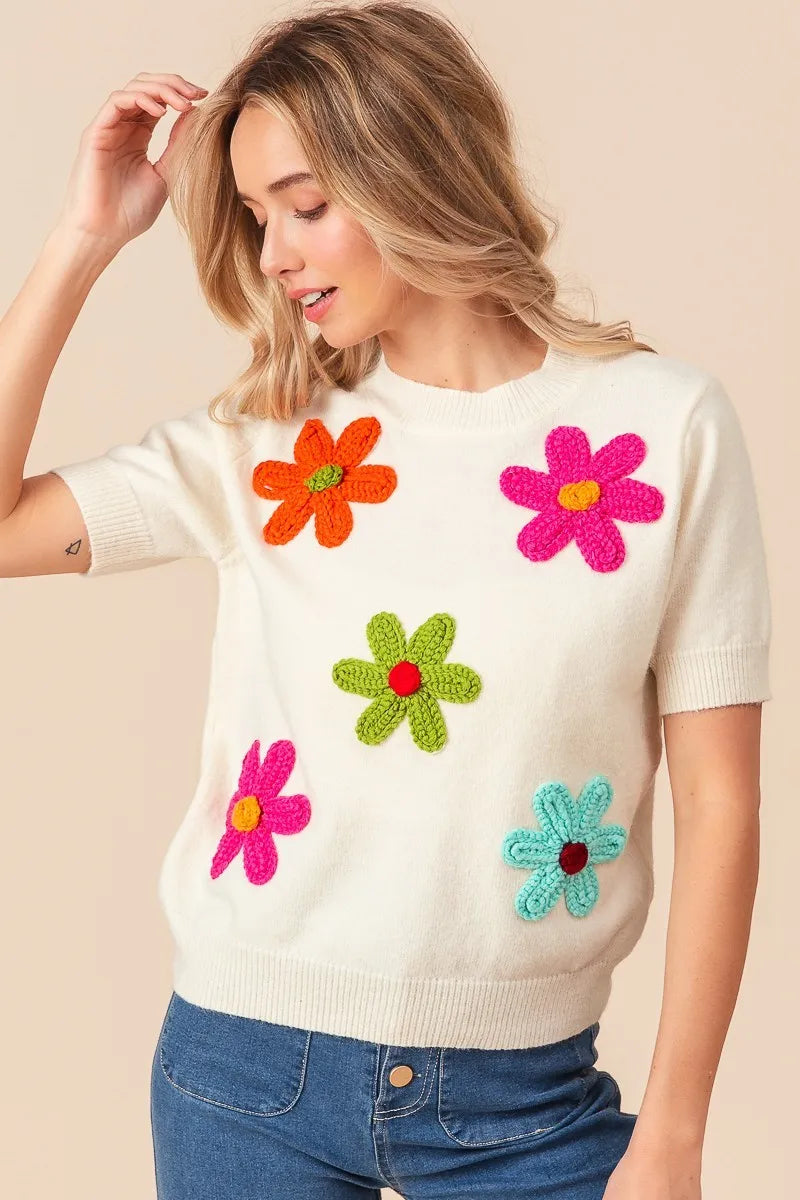 BiBi Ivory Crochet Flower Patch Sweater Top