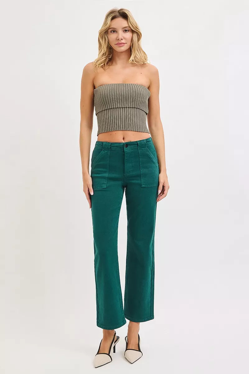 RISEN Hunter Green High Rise Ankle Flare Patch Pocket Jeans