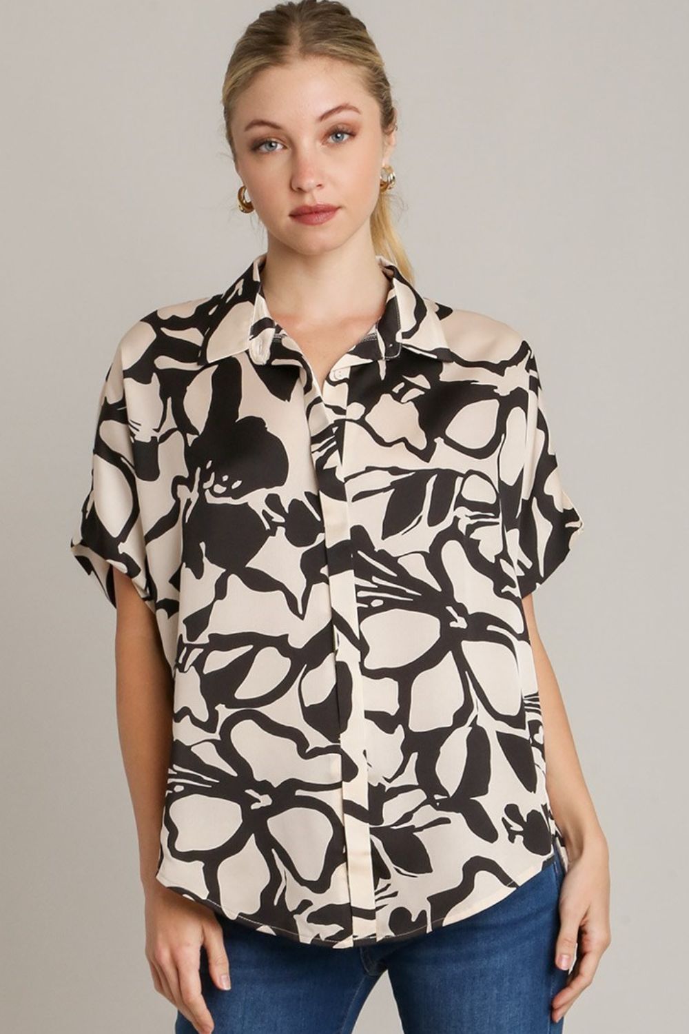 Umgee Two Tone Print Button Down Top with Hidden Plackets Black