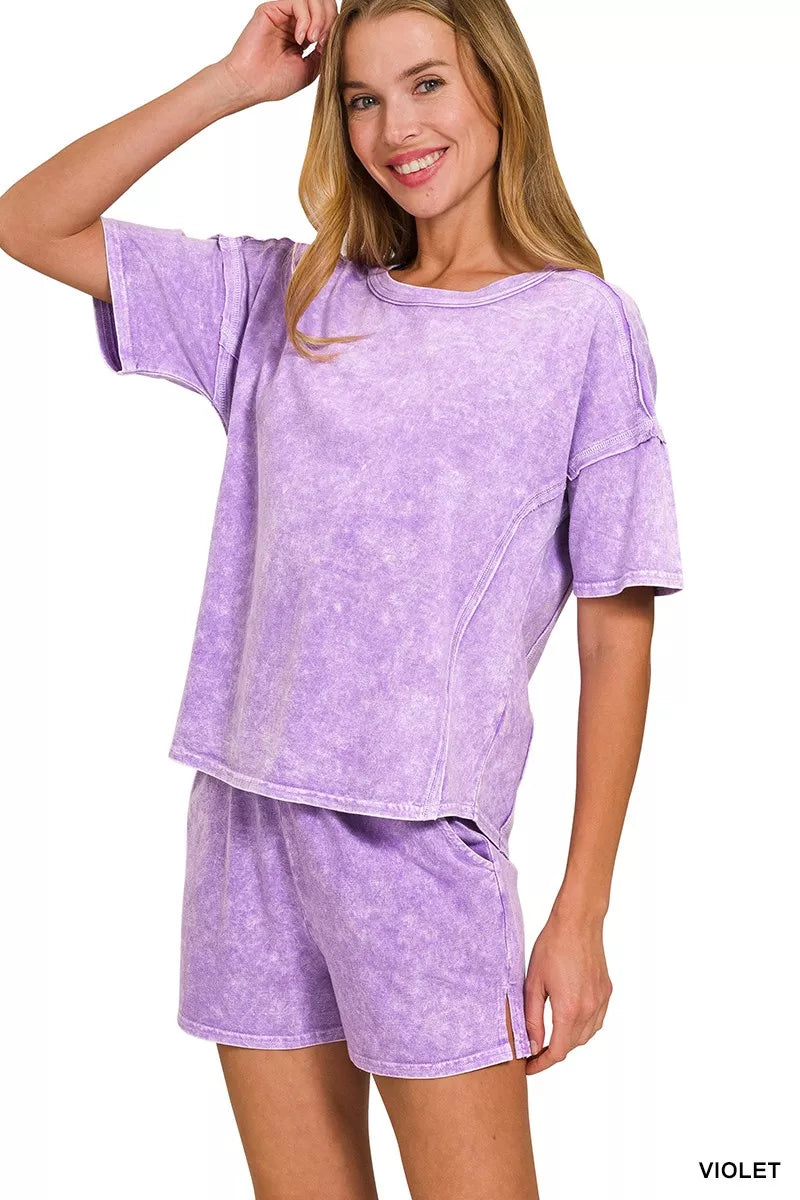 Zenana Violet Halo Snow Washed Short Sleeve Tee and Shorts Set