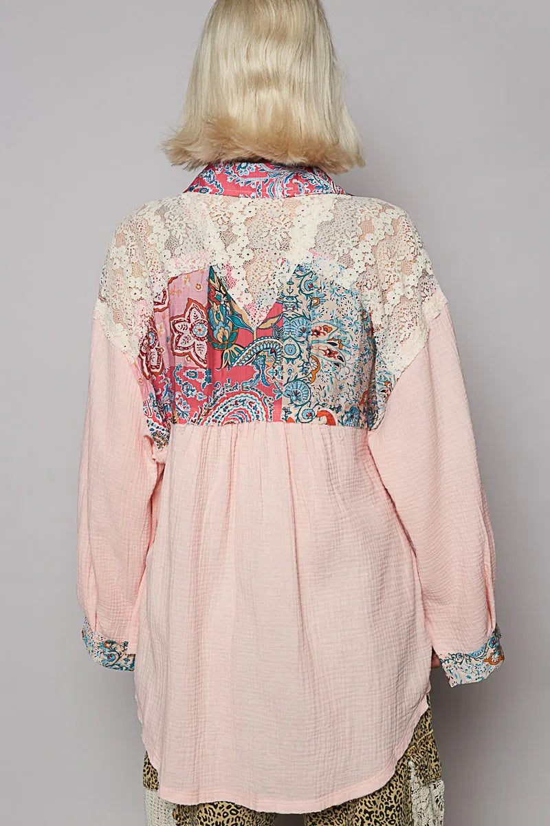 POL Pink Multi Lace Patchwork Floral Trim Double Gauze Long Sleeve Shirt