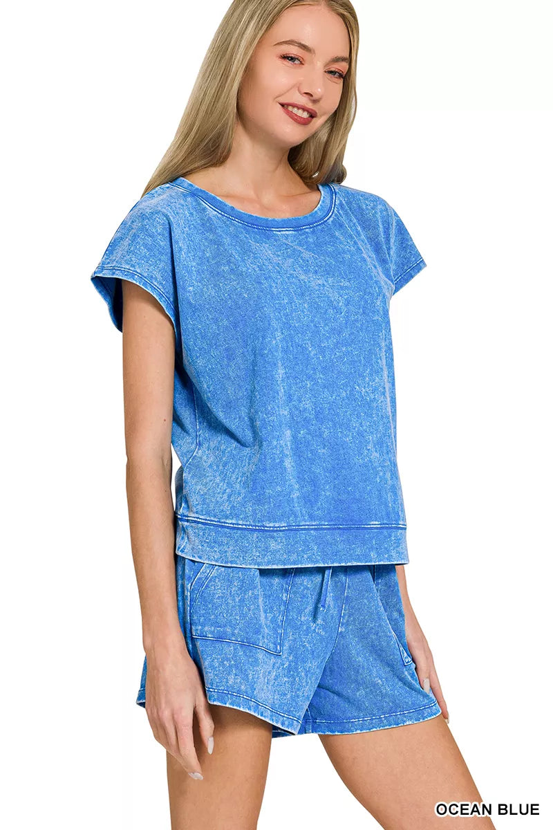 Zenana Ocean Blue Premium Cotton Washed Sleeveless Top & Shorts Set