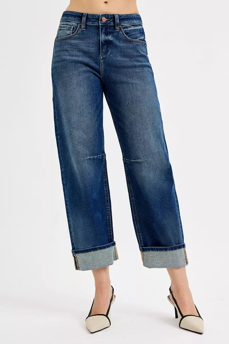 RISEN Slouchy Crop Barrel Cuffed Jeans DARK