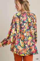 Umgee Lime Satin Paisley Floral Ruffle Neck Button-Up Shirt