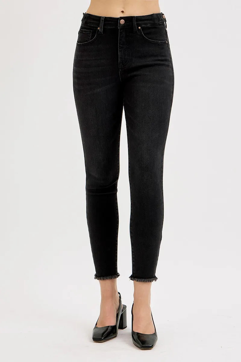 RISEN Black Tummy Control High Rise Waist Raw Hem Skinny Jeans