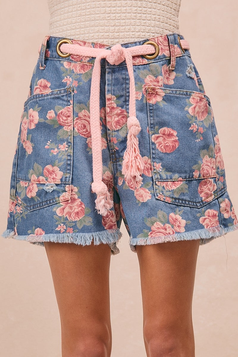 BiBi Braided Waist Belt Patch Pockets Floral Print Denim Shorts DENIM