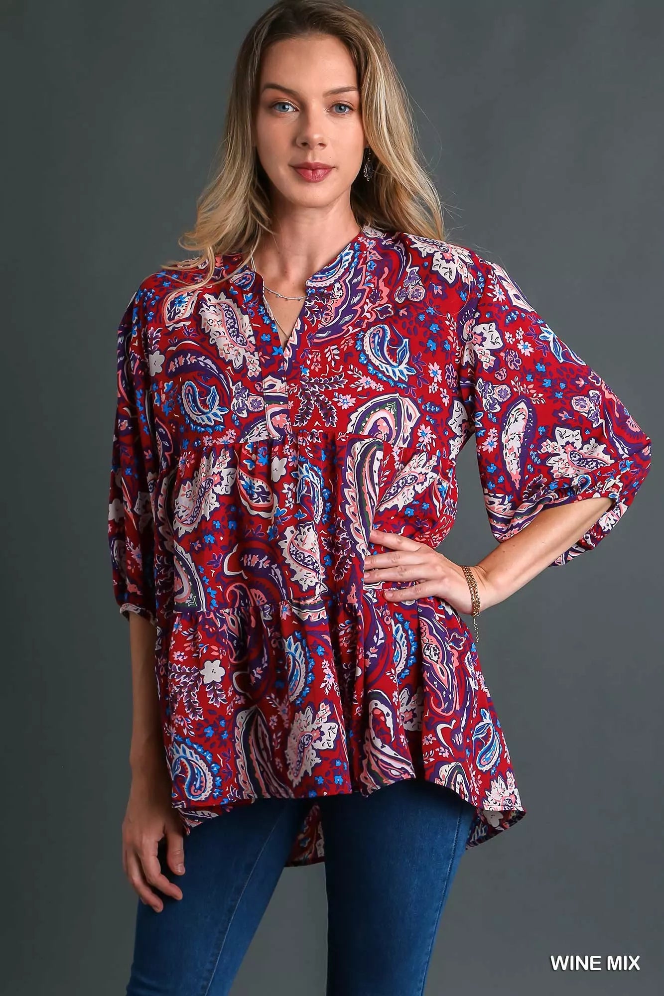 Umgee Wine Mix Paisley Boho Tunic Blouse WINE MIX