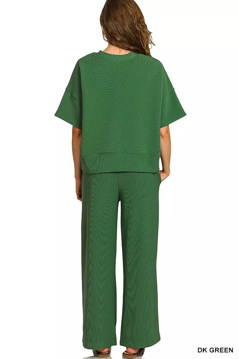 Zenana Dark Green Ribbed Round Neck Short Sleeve Tee & Pants Set