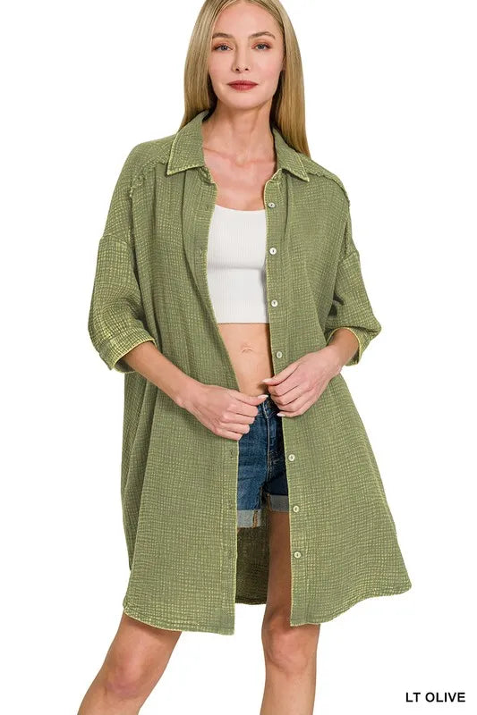 Zenana Light Olive Washed Double Gauze Button Down Shirt Dress