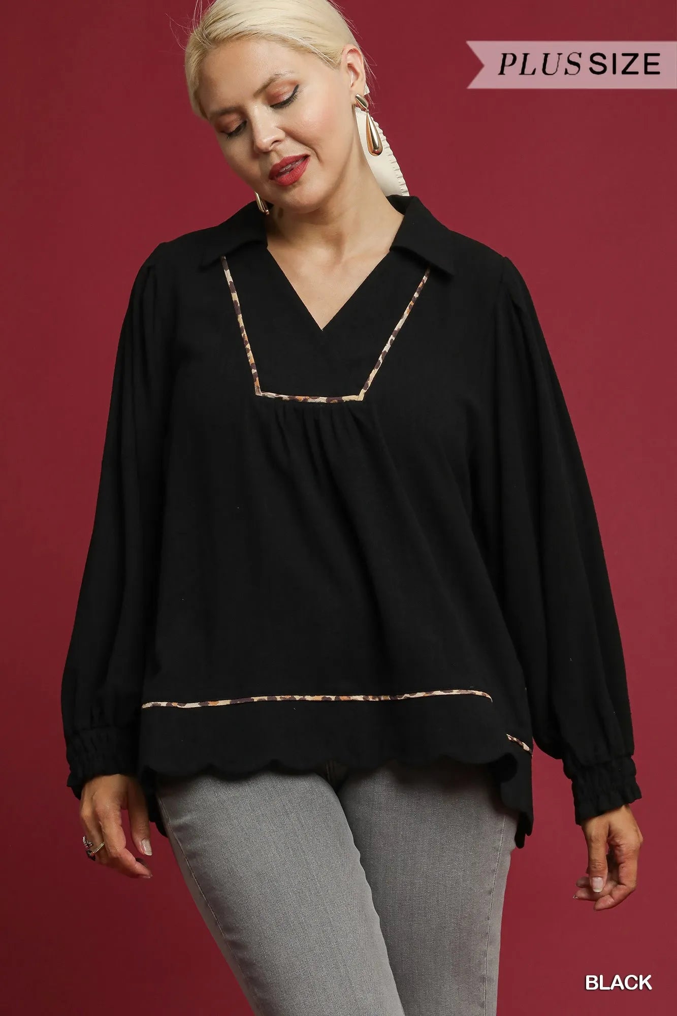 Umgee Black Linen Scallop Hem Blouse with Contrast Trim