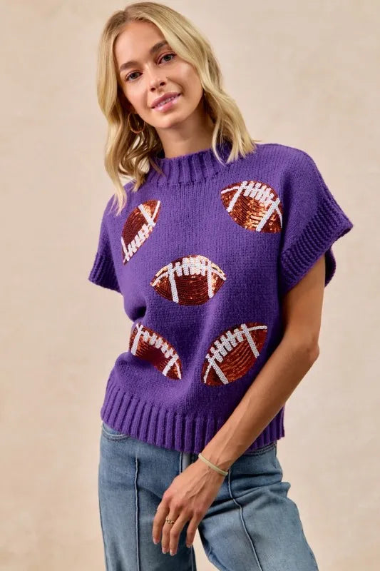 BiBi Purple Game Day Sequin Football Patches Rib Banded Sweater