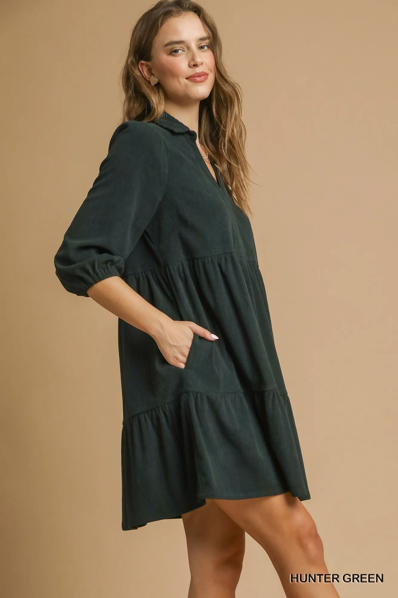 Umgee Hunter Tiered Corduroy Mini Dress with Balloon Sleeves