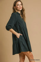 Umgee Hunter Tiered Corduroy Mini Dress with Balloon Sleeves