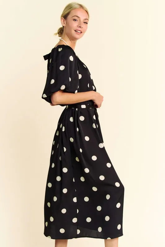 Davi & Dani Black Polka Dot Puff Sleeves Waist Tie Midi Dress